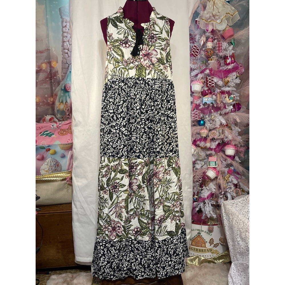 Kaktus Maxi Dress Womens Large Multi Floral Tiered Boho Sleeveless Ruffle Tassel